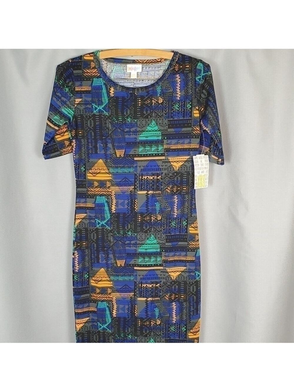 NWT Lularoe Julia, blue dress with multicolored geometric pattern, size …